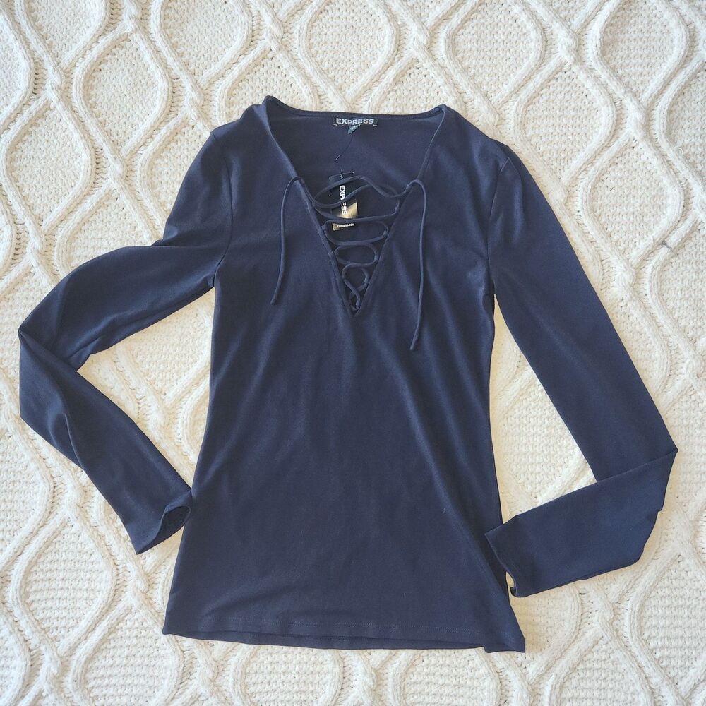 NWT Express Navy Blue Lace Up long sleeve blouse Size S